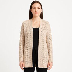 Leo & Nicole Tan Cream Knit Crochet Long Sweater Cardigan Size Small